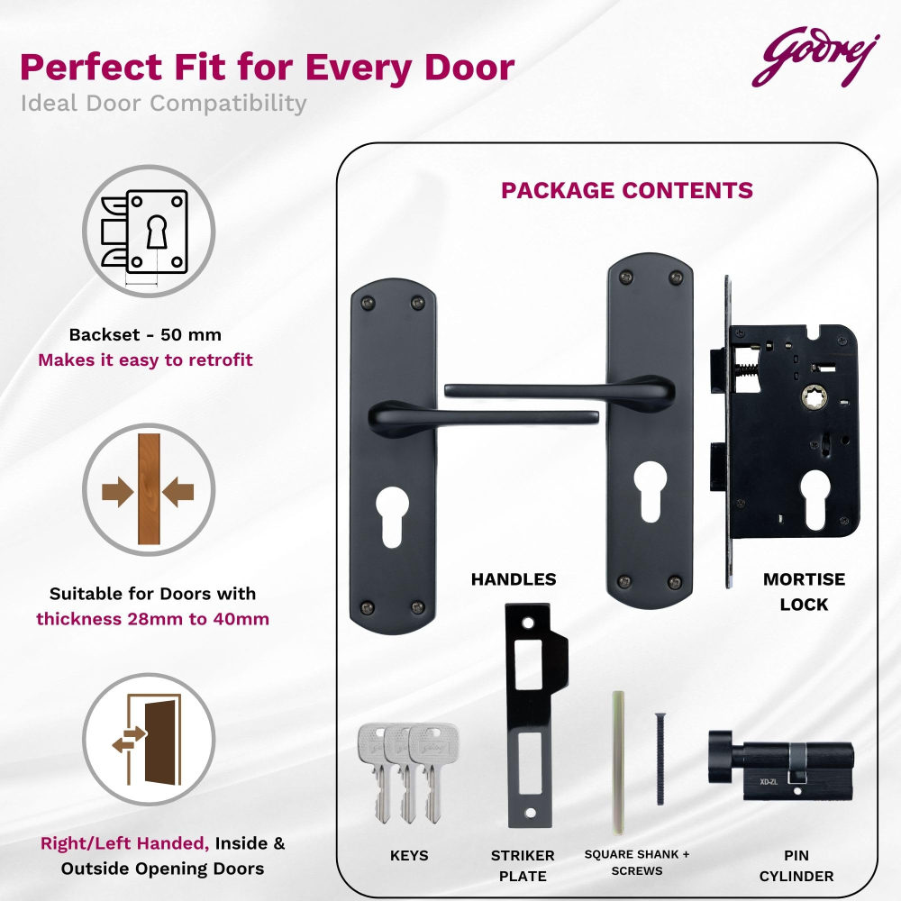 Godrej Mortise Lock I Handle Set 1CK EM02 I Matt Black Finish I 6-Lever Lock I 3 Keys I Double Throw I 5